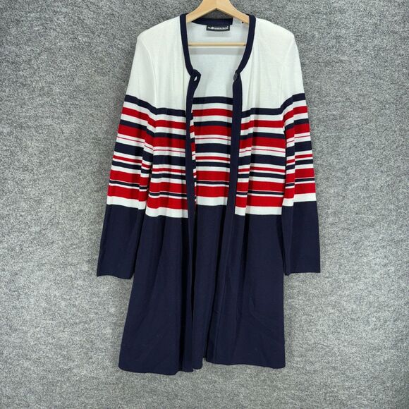 Sag Harbor Cardigan Women L Large Blue Striped Open Front Long Sleeve Knit - Picture 1 of 6
